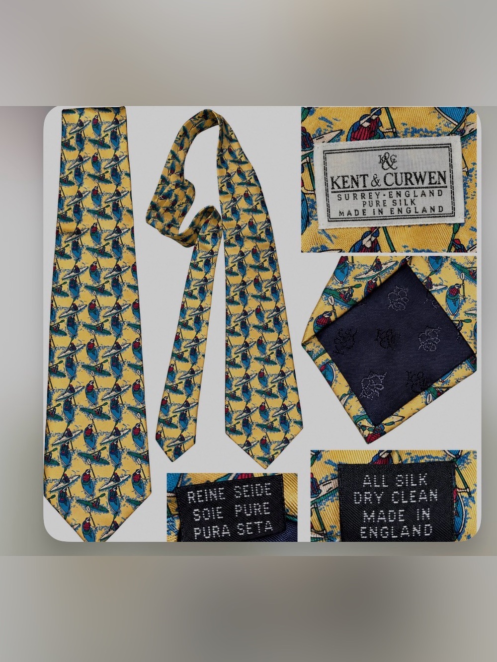 Kent & Curwen Pure Silk Kayak Canoe Paddleboard Novelty Tie Made in England